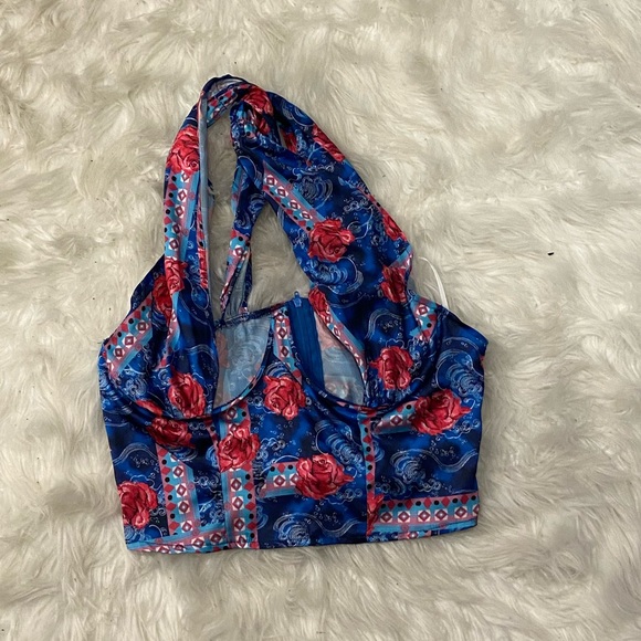 Floral crossover peekaboo bustier crop halter top - Picture 1 of 2